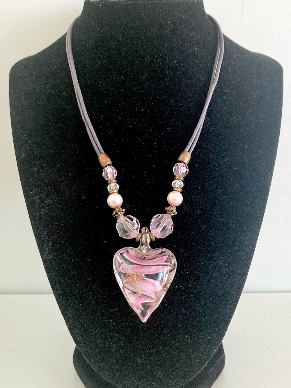East 5th Pink Glass Heart Pendant preloved gray cord beaded Necklace jewelry